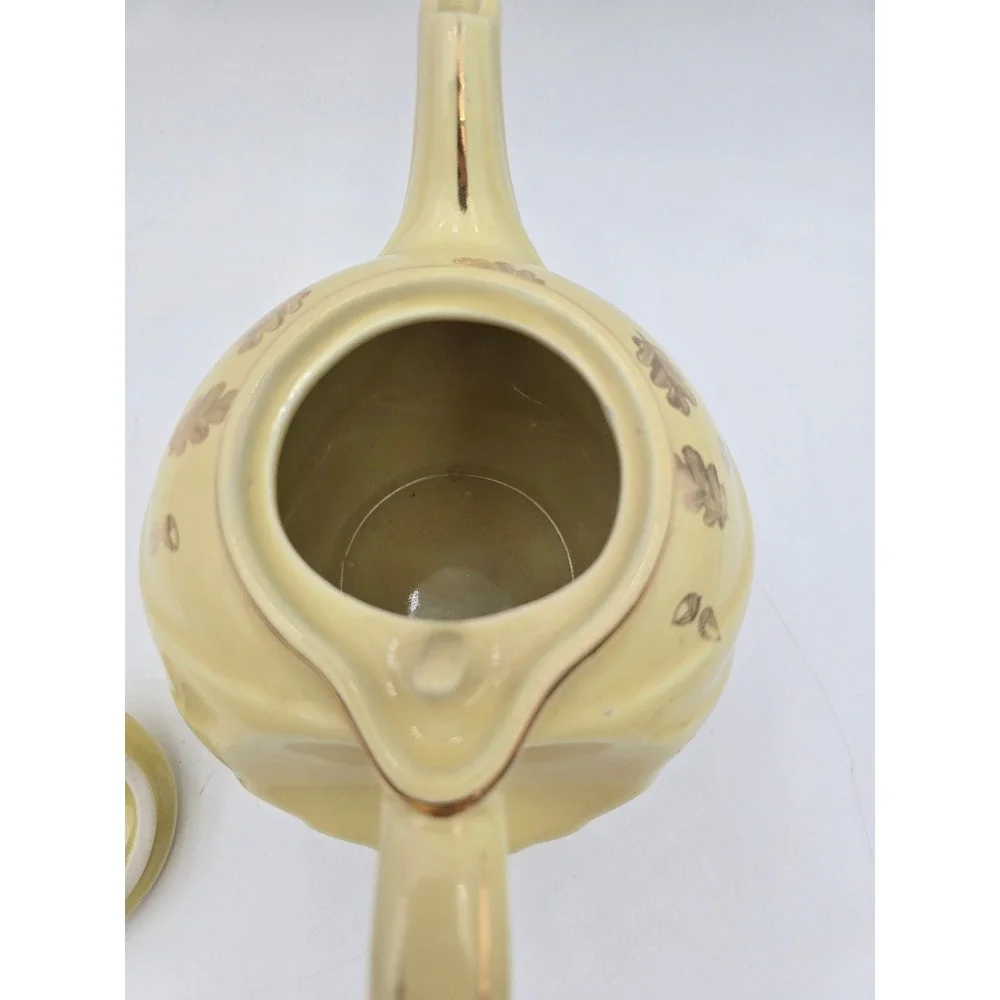 Hall China Yellow Teapot Gold‎ Leaf Acorn Swirl Pattern Vintage Ceramic